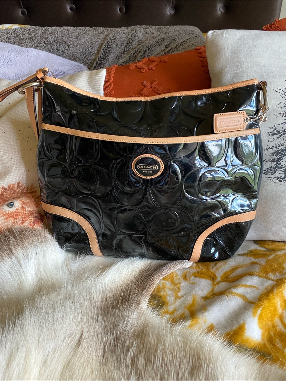 Coach Black Patent Leather Shoulder Bag with Tan Trim